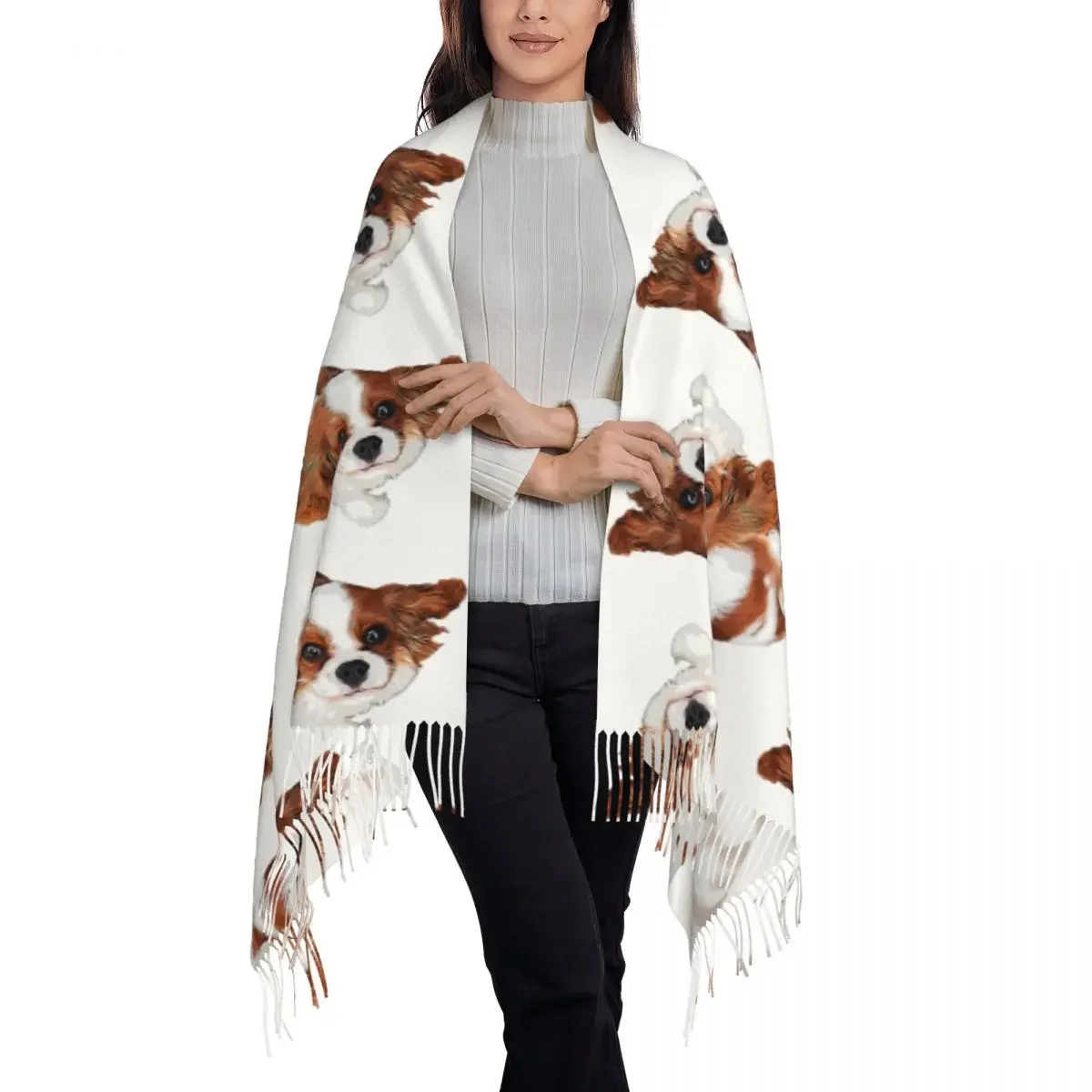 Cavalier King Charles Spaniel Blenheim Scarf Tassel Scarves Women Soft Warm Shawls and Wraps Long Fall Winter Shawl Wrap