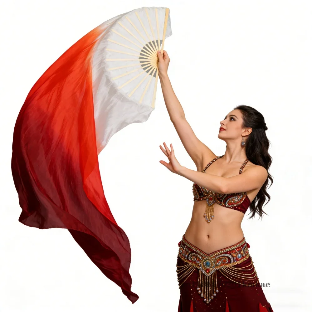 New White Red Silk Dance Fan 100% Real Silk Belly Dance Stage Performance Props Fans Hand-dyed Multiple Colors Silk Veils