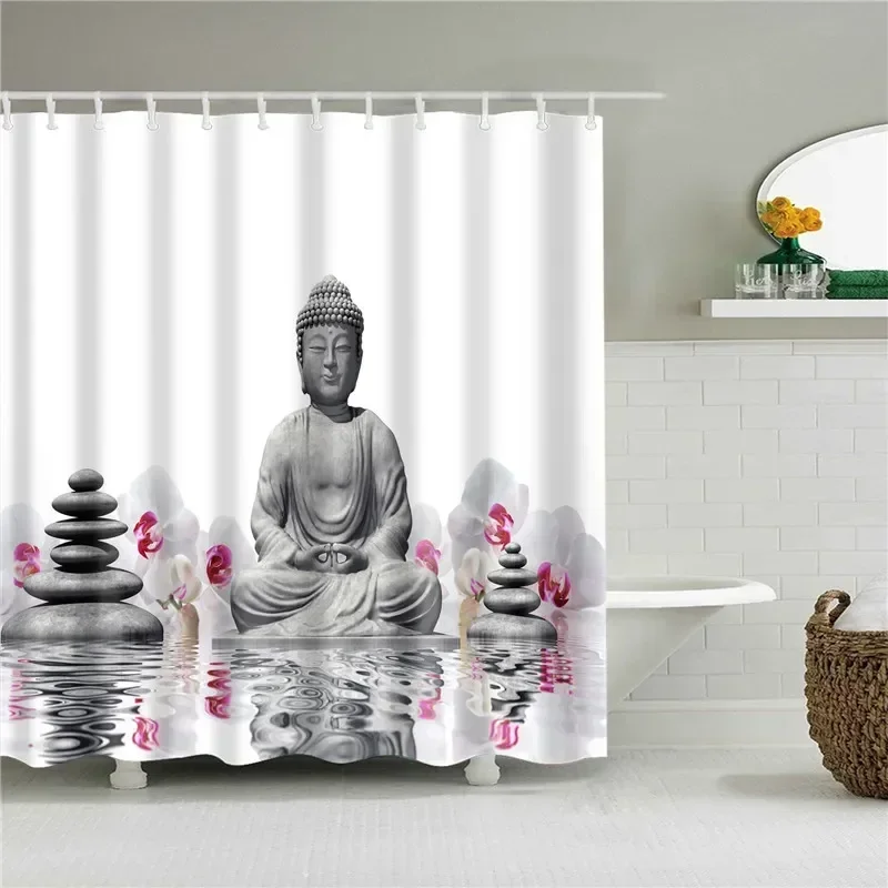 Flowers and Plants Trees Lavender Lotus Buddha Print Home Decorative Bathroom Waterproof Shower Curtain with Hook