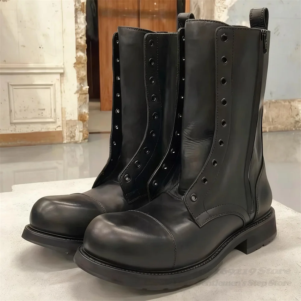 

2026 Spring New Round Toe Knee High Boot Men British Style Thick Soled Motorcycle Boots Fashion Versatile Commuter Medium Boots