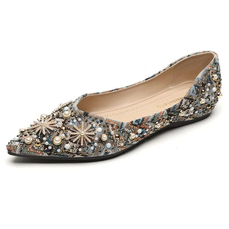 

Pointed Head Rhinestone Single Shoes Women's Beading Bowknot Flats Bling Crystal Wedding Shoes Female Ballet Flats Moccasins