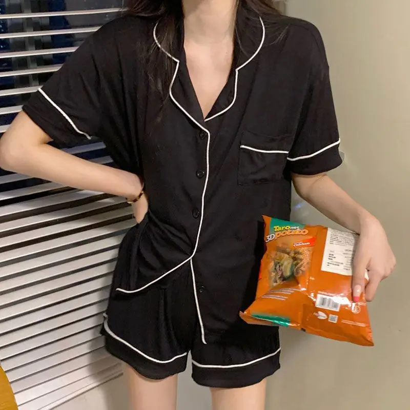 

Black Sleepwear Women Pajama Sets Casual Piiama Short Sleeve Sets 2 Pieces Cute Night Wears Korean Fashion Solid Home Suit New