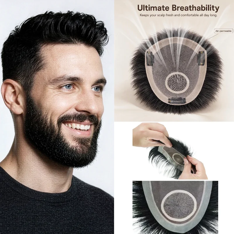 Natural Black Men Toupee Hand-Woven Lace and PU Base Clip-In 100% Human Hair 15x20cm Tangle-Free Glossy