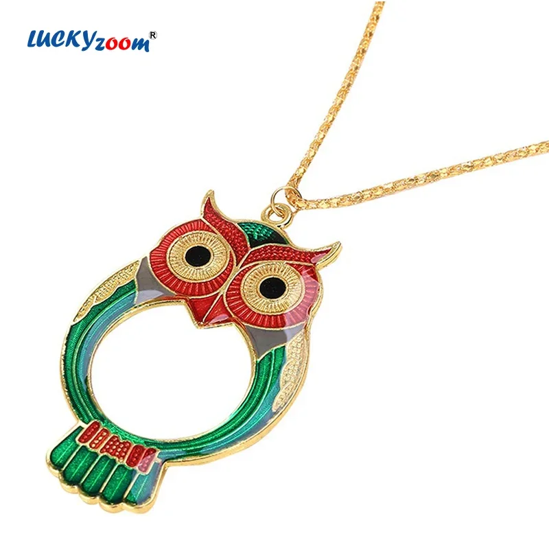 

10X Cartoon Owl Mini Reading Magnifier Necklace Cute Magnifying Glass Metal Jewelry Loupe Decorative Chain Gift Pocket Lupa