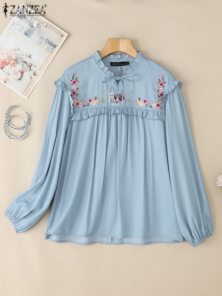 

ZANZEA 2022, элегантная рабочая блузка с длинными рукавами, женская весенняя рубашка с цветочной вышивкой, повседневная блузка с круглым вырезом, стильная праздничная туника, топы