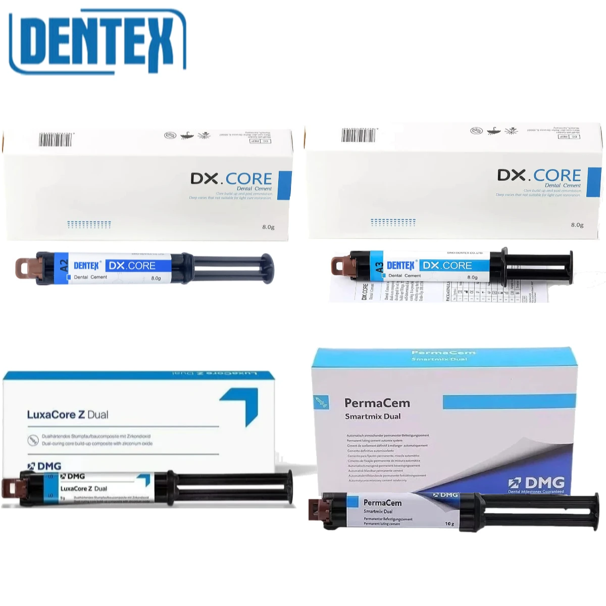 Dental Dentek DX.CORE Dual Cure Core Buildup Composite DMG LuxaCore Z-Dual Losec II Core Resin DMG PermaCem Dual Curing Resin