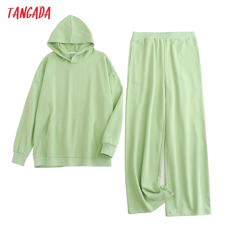 Tangada Women Tracksuit Sets Yellow Oversized Sweatshirt Hoodies Cotton Suit 2 Pieces Sets Hood Tops and Pants 6L39