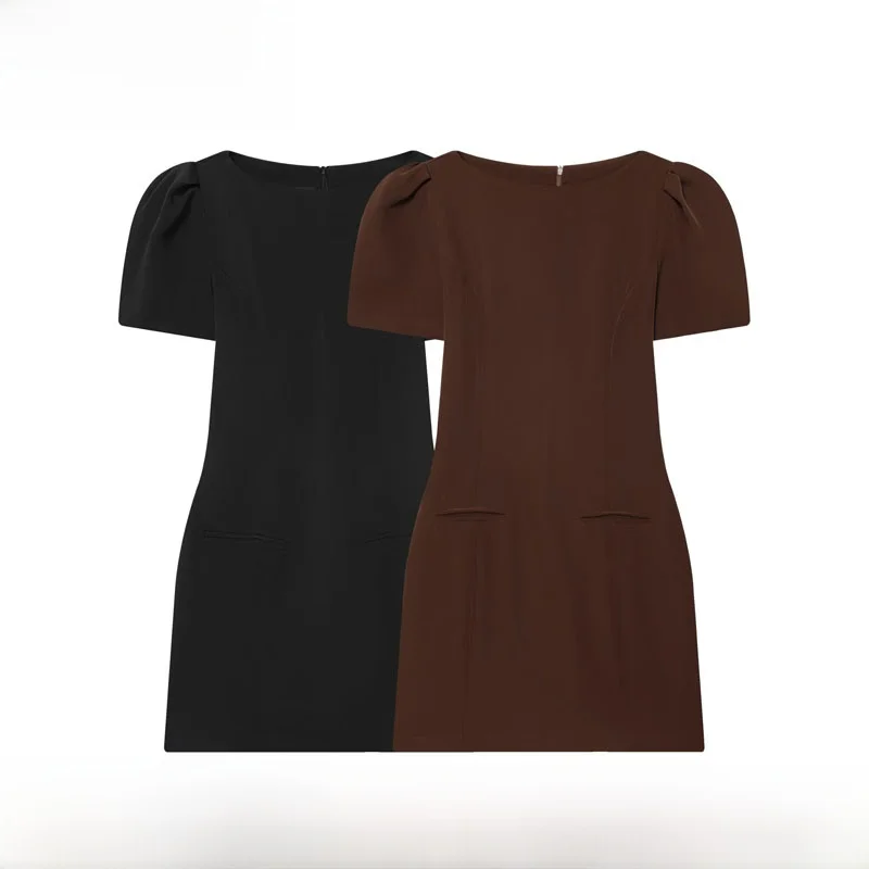 Faionable ort Pleated ket Dr Women's High Waist H-Line Polyester Bubble Sve Regular Thin Ci Commute