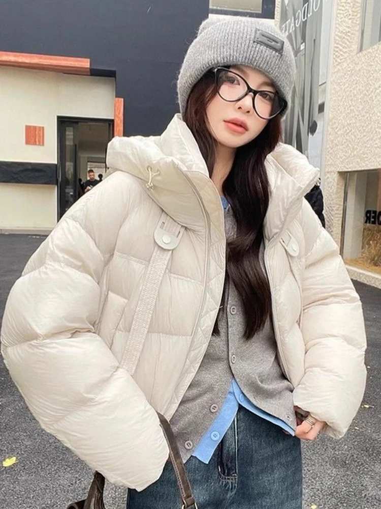 Elegante korte donsjas met capuchon, dame 2025, winterjas, Koreaanse mode, dikke warme parka's, casual losse effen witte uitloperkleding