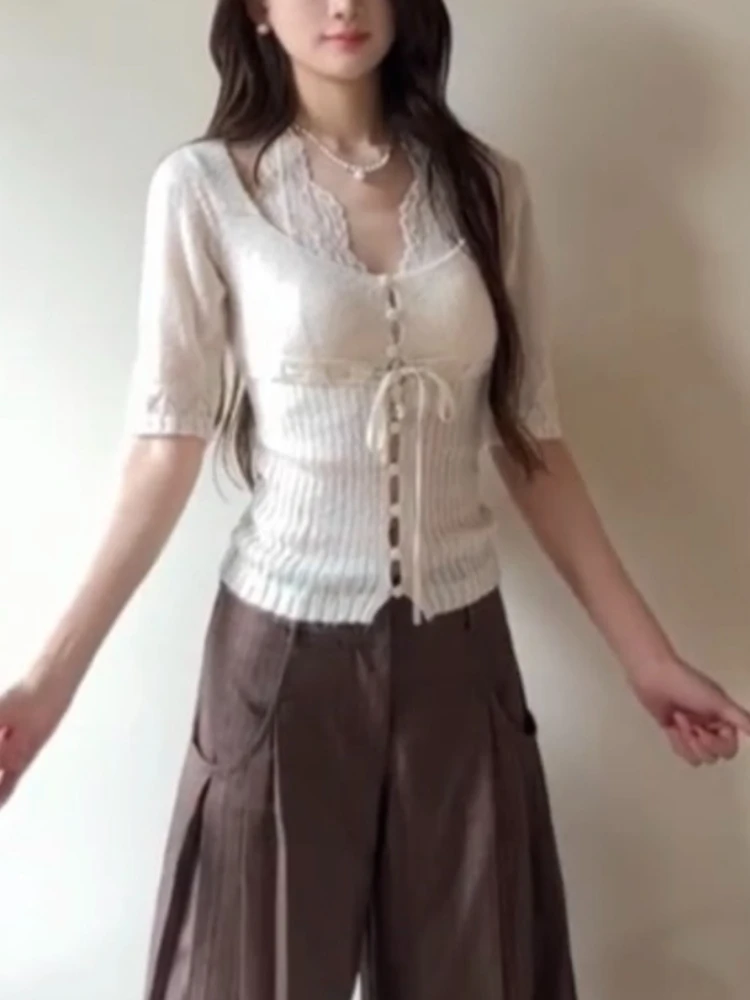 مثير متماسكة أعلى مجموعة المرأة الخريف خمر نمط قطعتين مع الدانتيل الرسن كامي وسترة ضئيلة U الرقبة أزياء أنيقة الزي