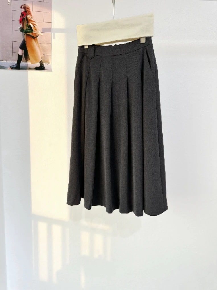 Casual High Waist Pleated Skirt Faionable Artistic Sle Slimming Versatile Korean Design Ci Commute Cotton f-length S...