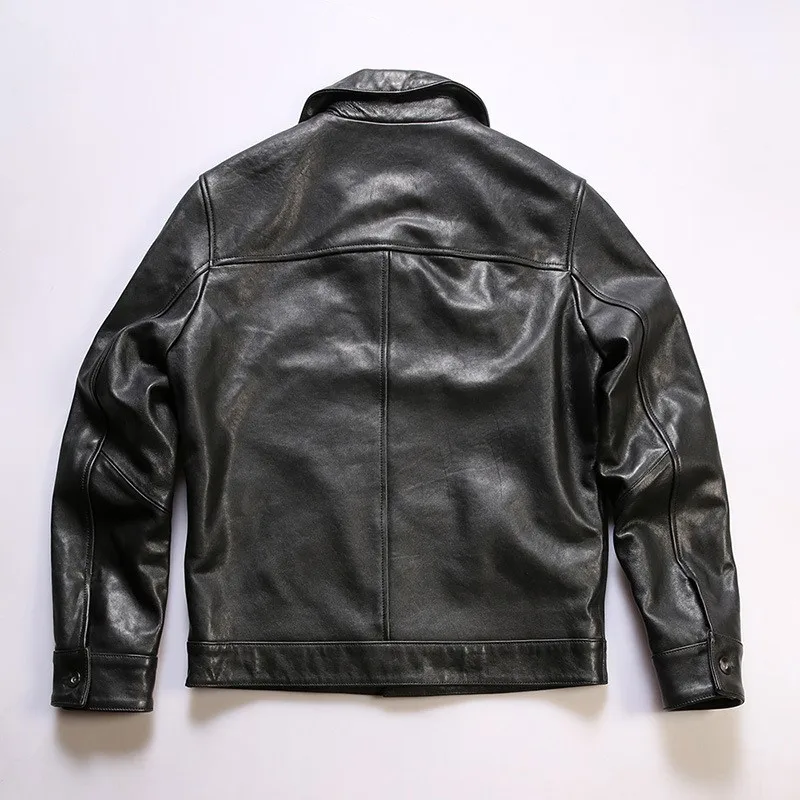 A motorcycle leather for men with lapel multiple pockets heavy washing and pleated feel made of all-vegetable-tanned cotton