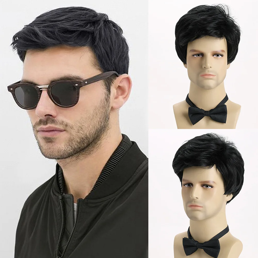 

Men's short chemical fiber synthetic wig, suitable for men's daily use, parties, Halloween costumes, black wig accessories