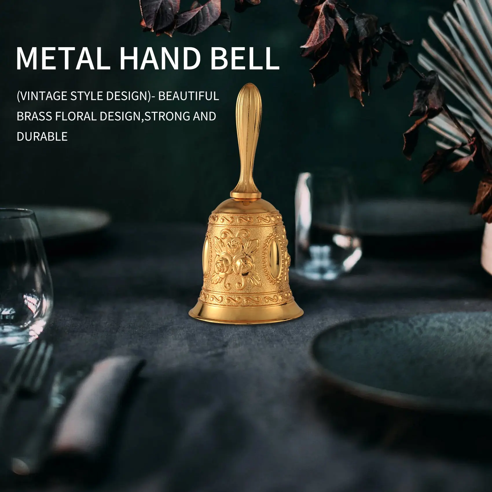 Hand Bell, Metal Tone Ring Alarm Hand Hold Service Call Bell Desktop Bell Tea Dinner Bell Game Bell, Christmas Bell Gold