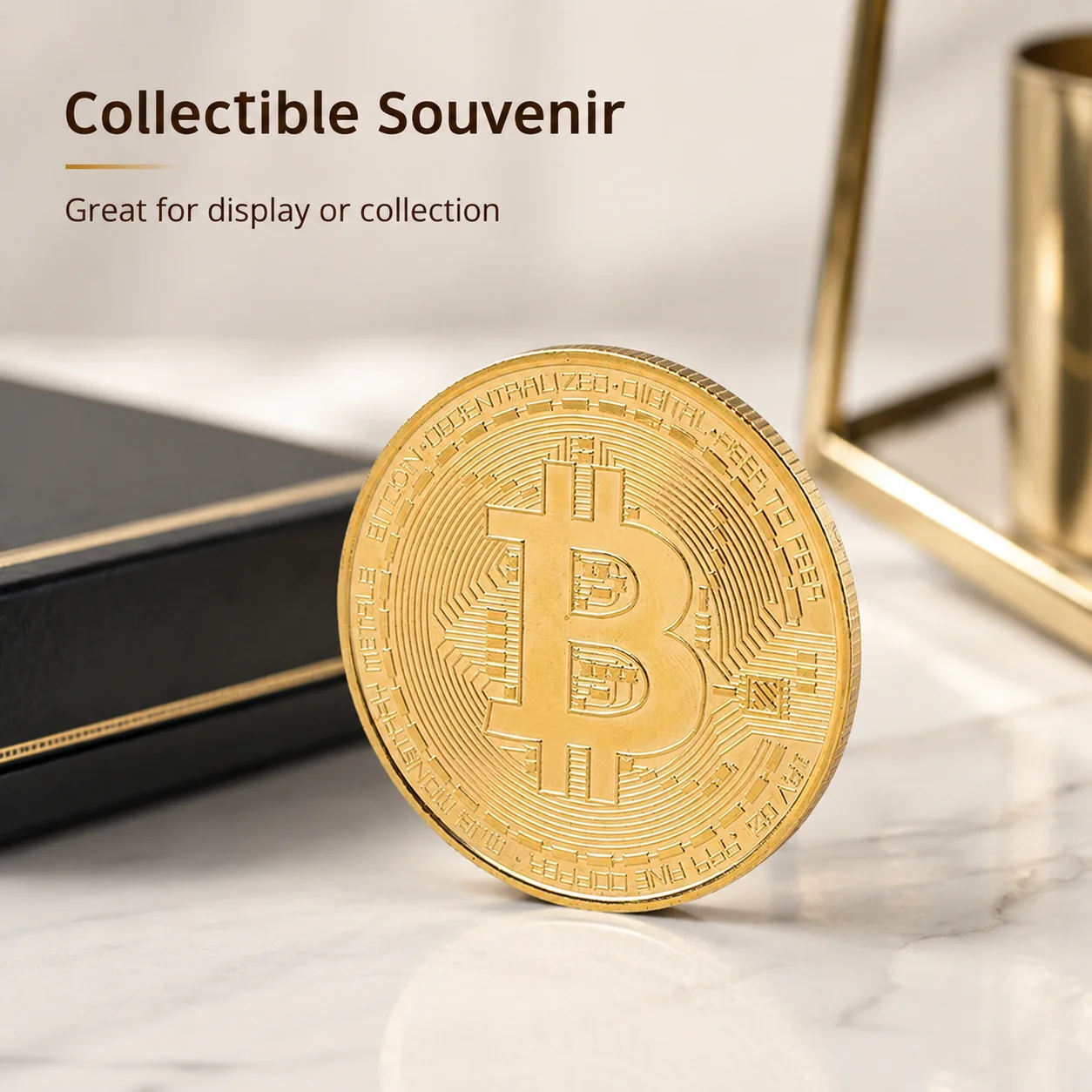 Gold Tone Bitcoin Commemorative Coin BTC Collectible Token with Protective Capsule Crypto Souvenir Gift for Collectors