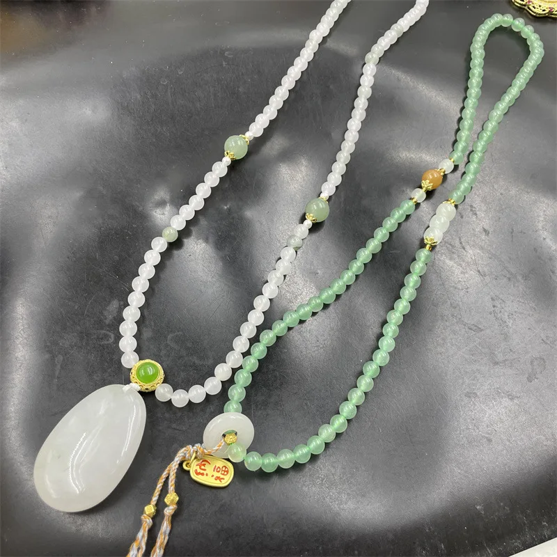 White Background Tian Mountain-Shaped Sweater Chain Green Dongling Jade Necklace