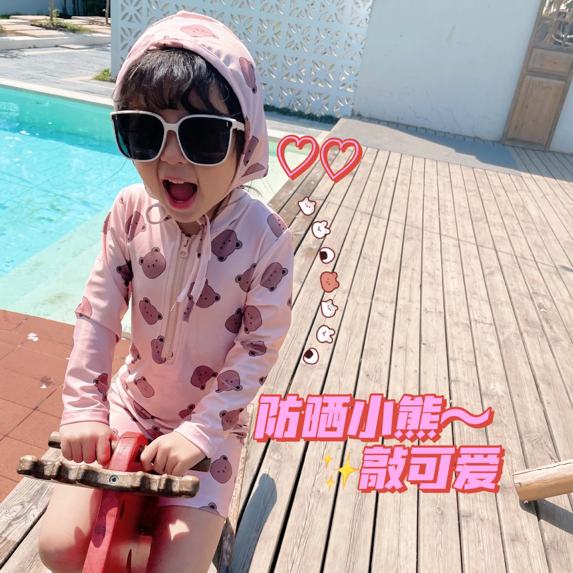 Children's One Piece Swimsuit Baby Girls Boys Long Sleeve Sunscreen Cartoon Bear Surfing Suit Kids Swimwear Toddler Bathing Suit