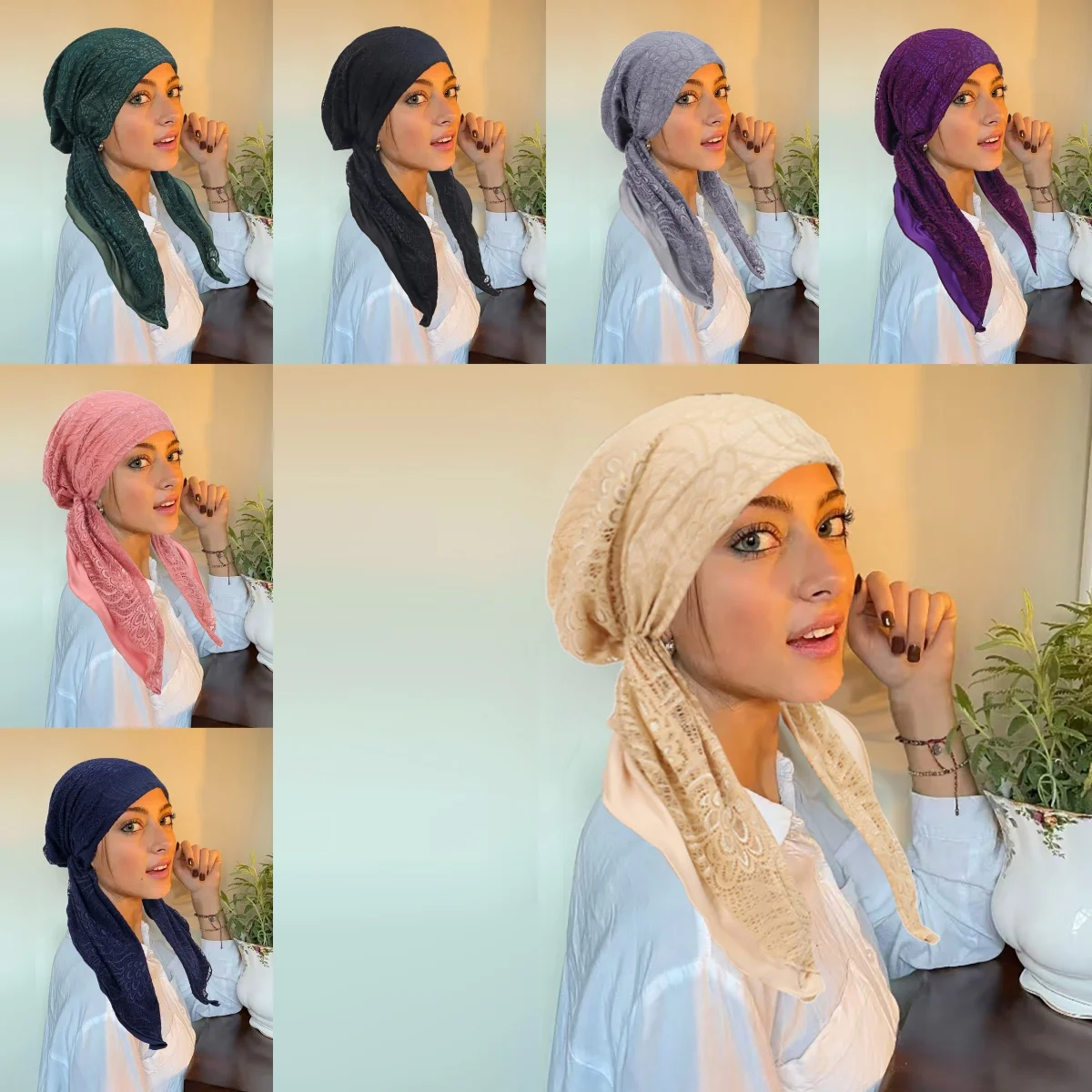 ใหม่ Double-Layer Lace ผู้หญิง Hijab นุ่มยืดจีบผ้าพันคอหมวกผมหมวกแฟชั่น Turban Bonnet