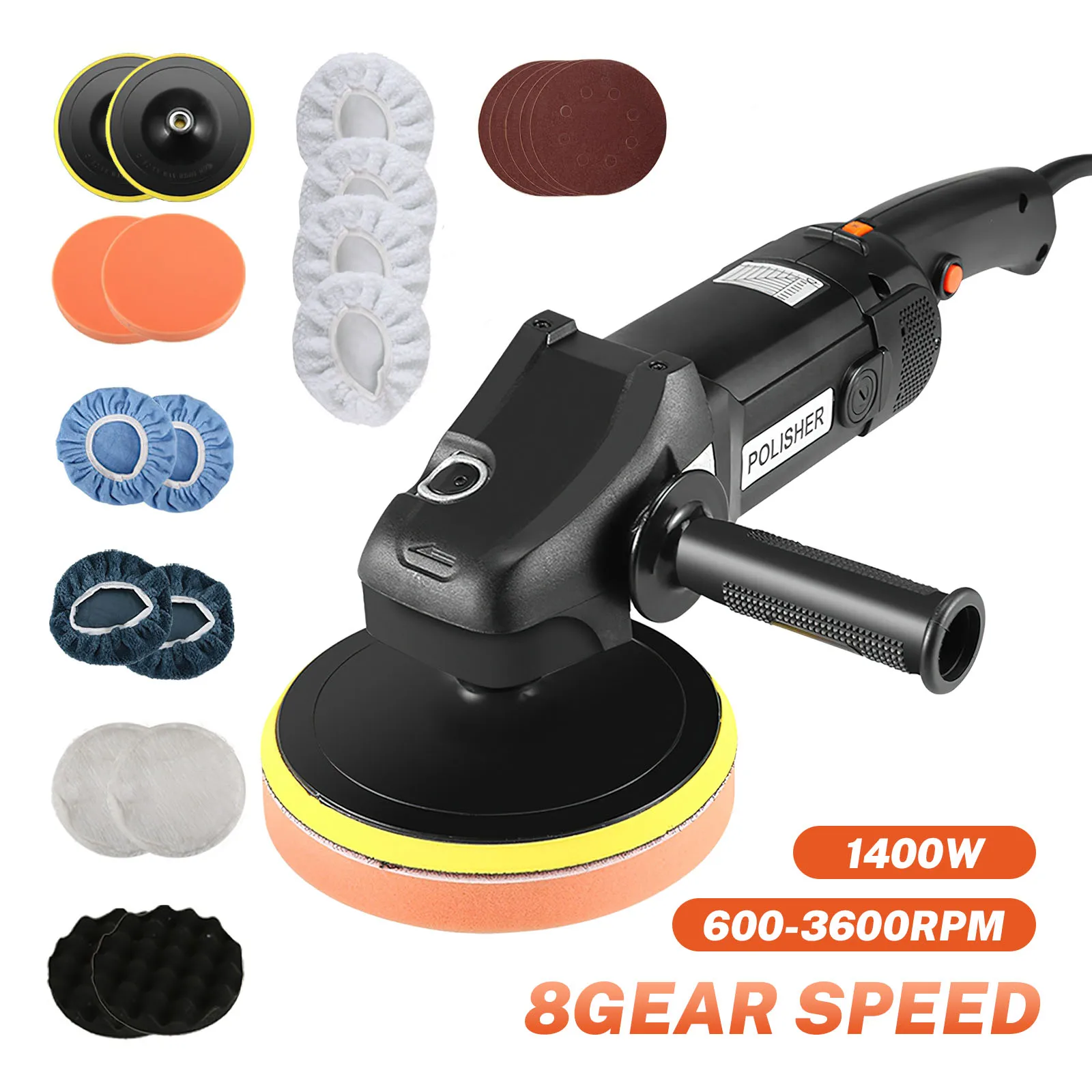 1400W Car Polishing Machine Variable Speed Polisher 8 Gear 180mm Orbit Dual Action Auto Polishers Sander Buffing Waxing Machine