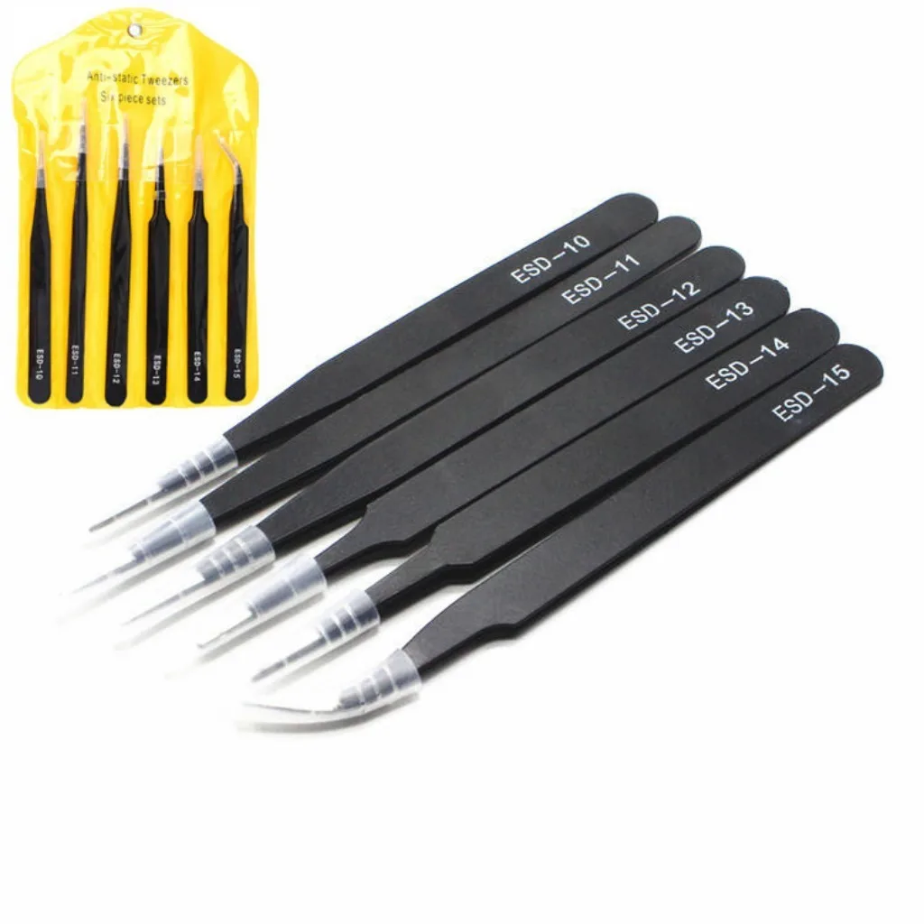 6Pcs ESD Anti-Static Tweezers Set, Precision Stainless Steel Tweezers for Electronics, Jewelry, Soldering & Lash Extensions