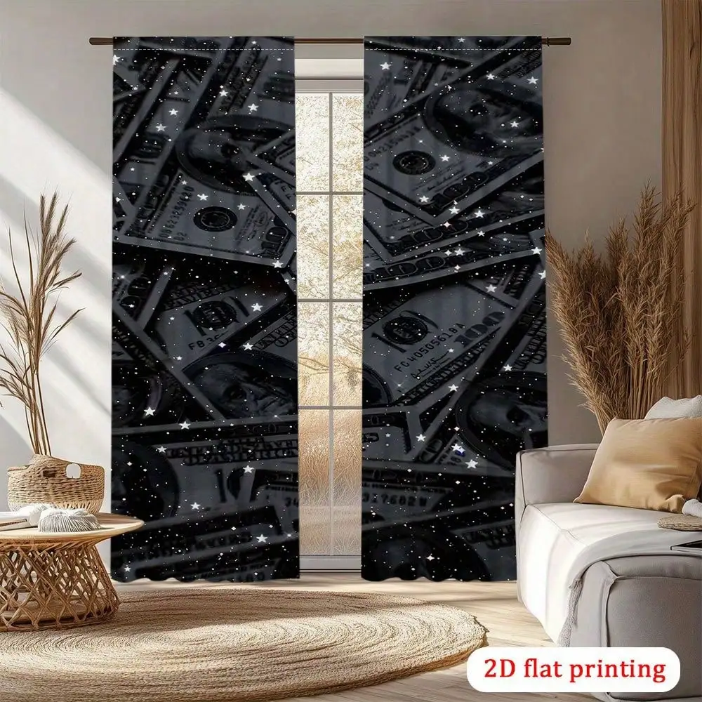 2pcs Money Stars USA Notes Curtains - 2D Flat Print Rod Pocket Top 100% Polyester Semi-Translucent Window Treatments With Dollar