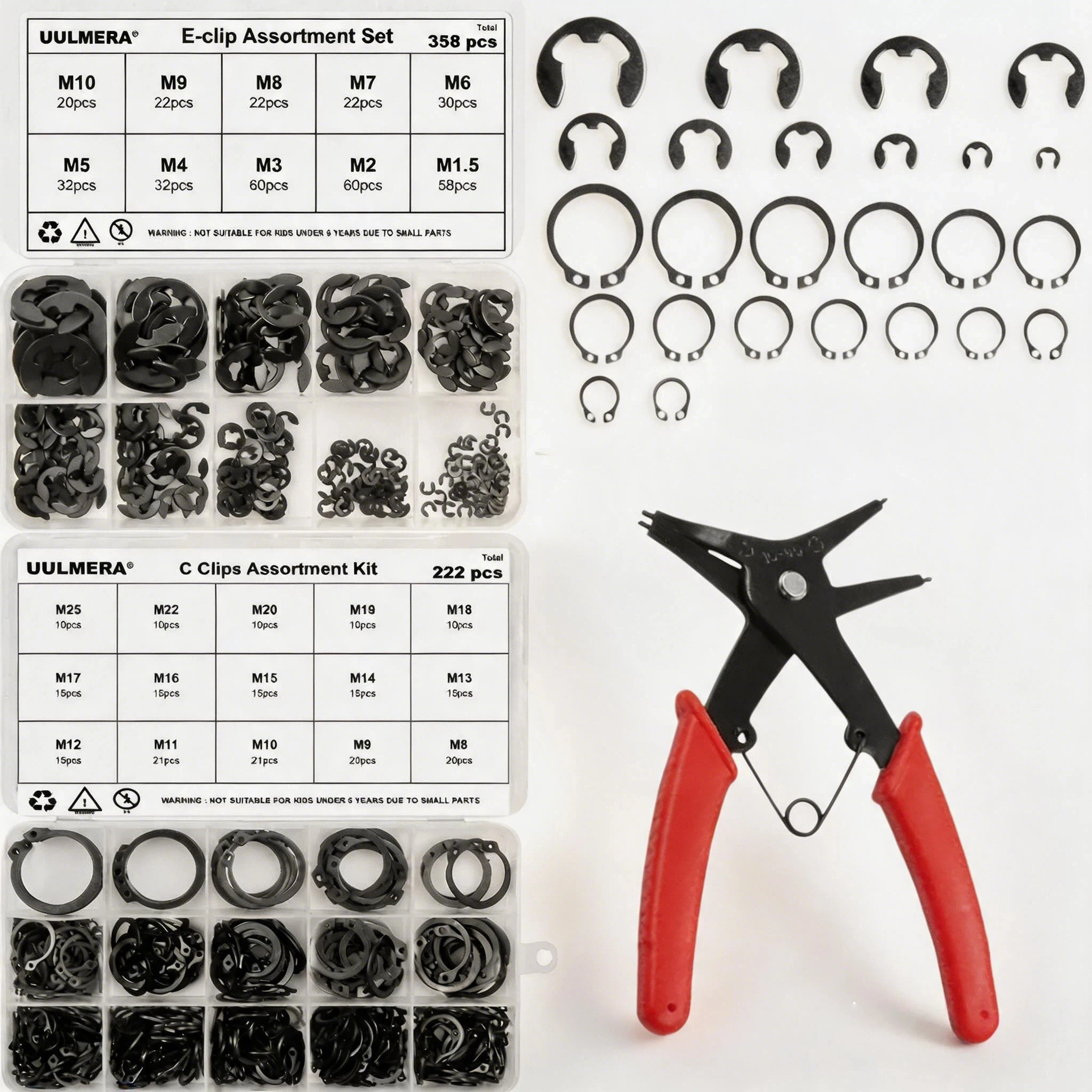 Black Alloy Steel 358pcs E-Clips and 222pcs C Clips External Circlip Set Snap Ring Retaining Ring for Shaft Bearing Hardware