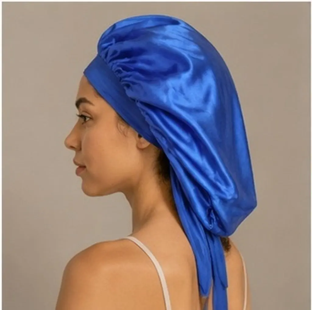 Bowknot Satin Hair Bonnet Sleeping Cap Wide Brim Elastic Band Hair Protection Large Capacity Comfortable