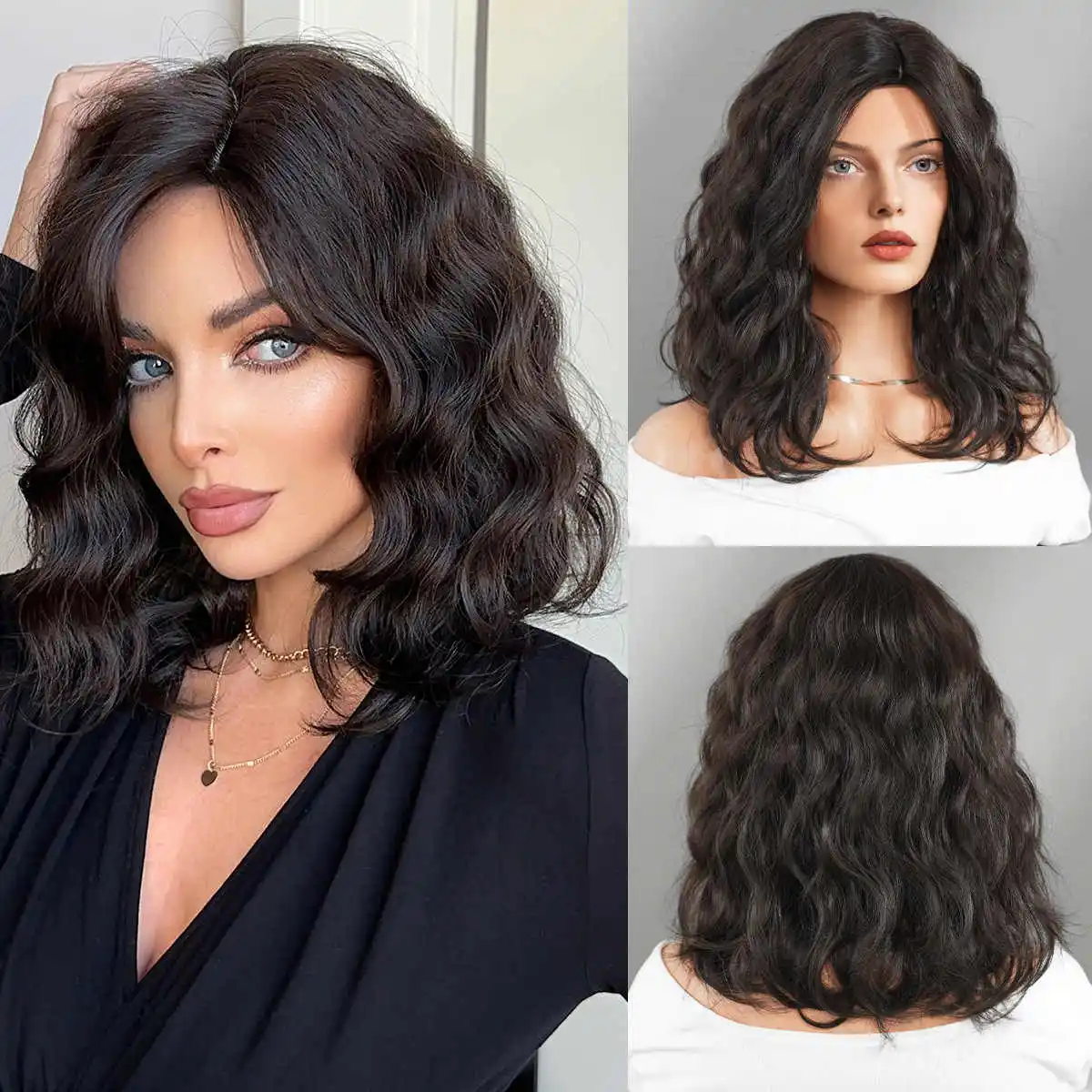 Synthetic 16 inch forehead lace women medium curly black bob, lace model comfortable daily wear trim temperament hair cover