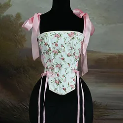 Pink Strapless Tight-fitting Fishbone with Print Rose Flower Corset Women's Spring New Fashion Sexy A-line Top