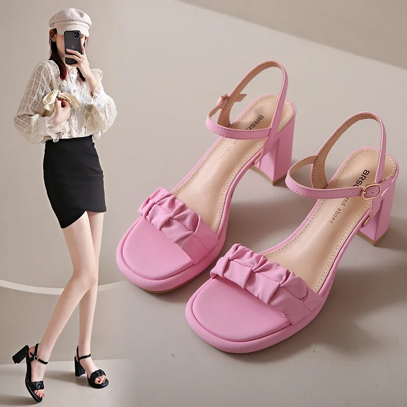 Fairy style thick high heels women's summer 2024 new one line strap with skirt Roman sandals