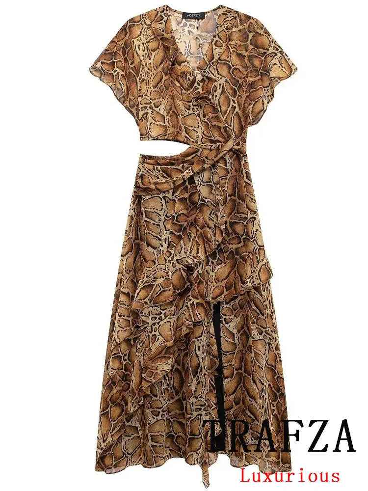 TRAFZA Chic Vintage Women Dress Print V-Neck Short Sleeve Hollow Out Zipper Long Dress New Fashion 2024 Autumn Party Dress