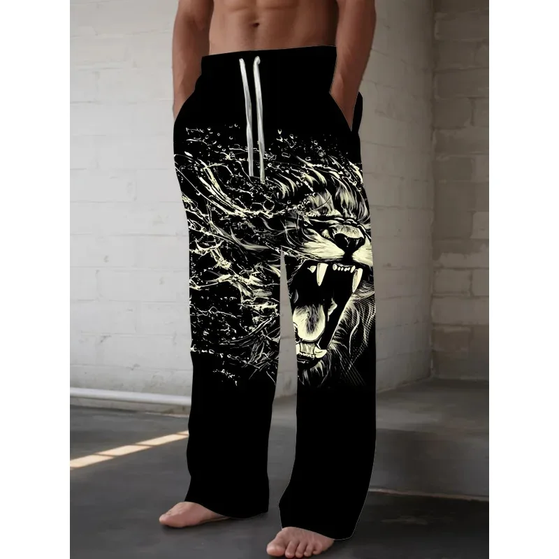 Celana Panjang Pria, Celana Kasual Gambar Singa Mengaum 3D, Celana Luar Ruangan Ringan Cepat Kering dengan Pinggang Serut Elastis untuk Perjalanan