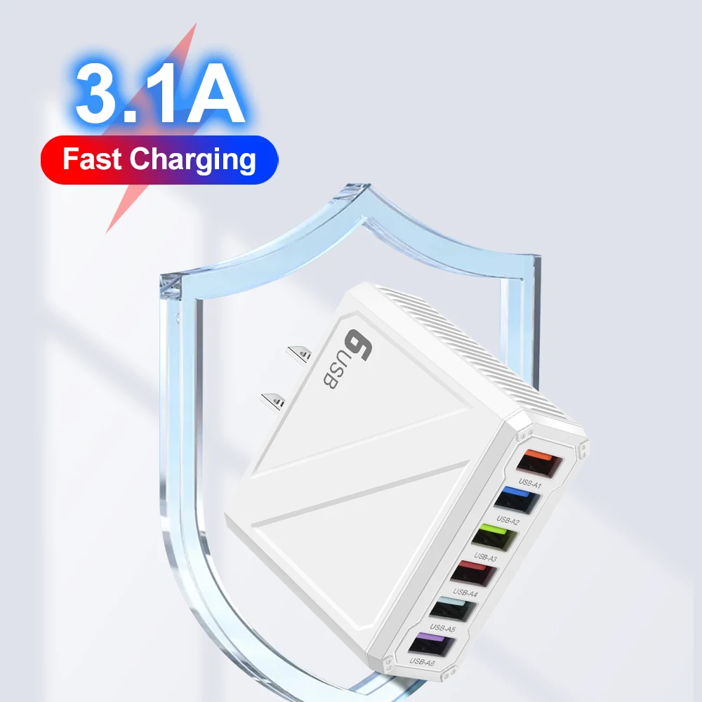 3.1A 6Ports USB Charger Fast Charging Wall Charger Quick Charge For iPhone Samsung Xiaomi Huawei Mobile Phone Adapter