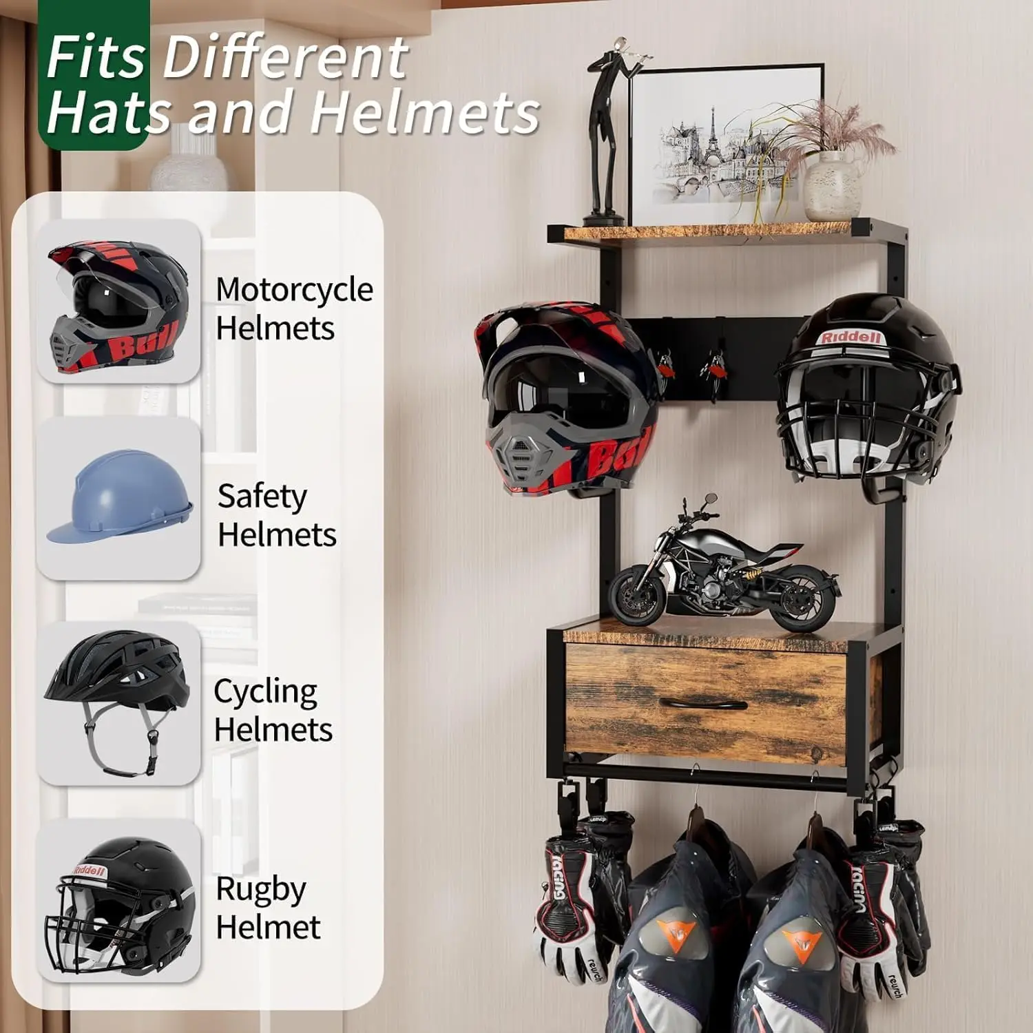 Porta caschi da parete con cassetto e ganci, organizer multifunzionale in metallo e legno per attrezzature sportive, ideale per moto, calcio, ciclismo, sci e equipaggiamento tattico.