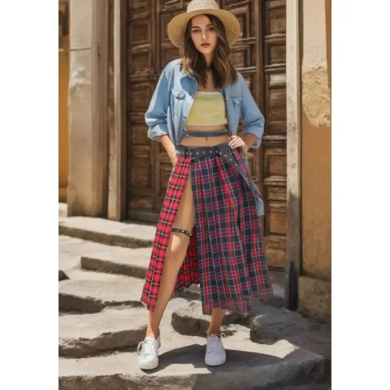 DAZCOS Belted Plaid Side Split Midi Skirt Two-tone Dress with Buckle Belt Low Waist Plaid Slit Thigh Midi Skirt for Women
