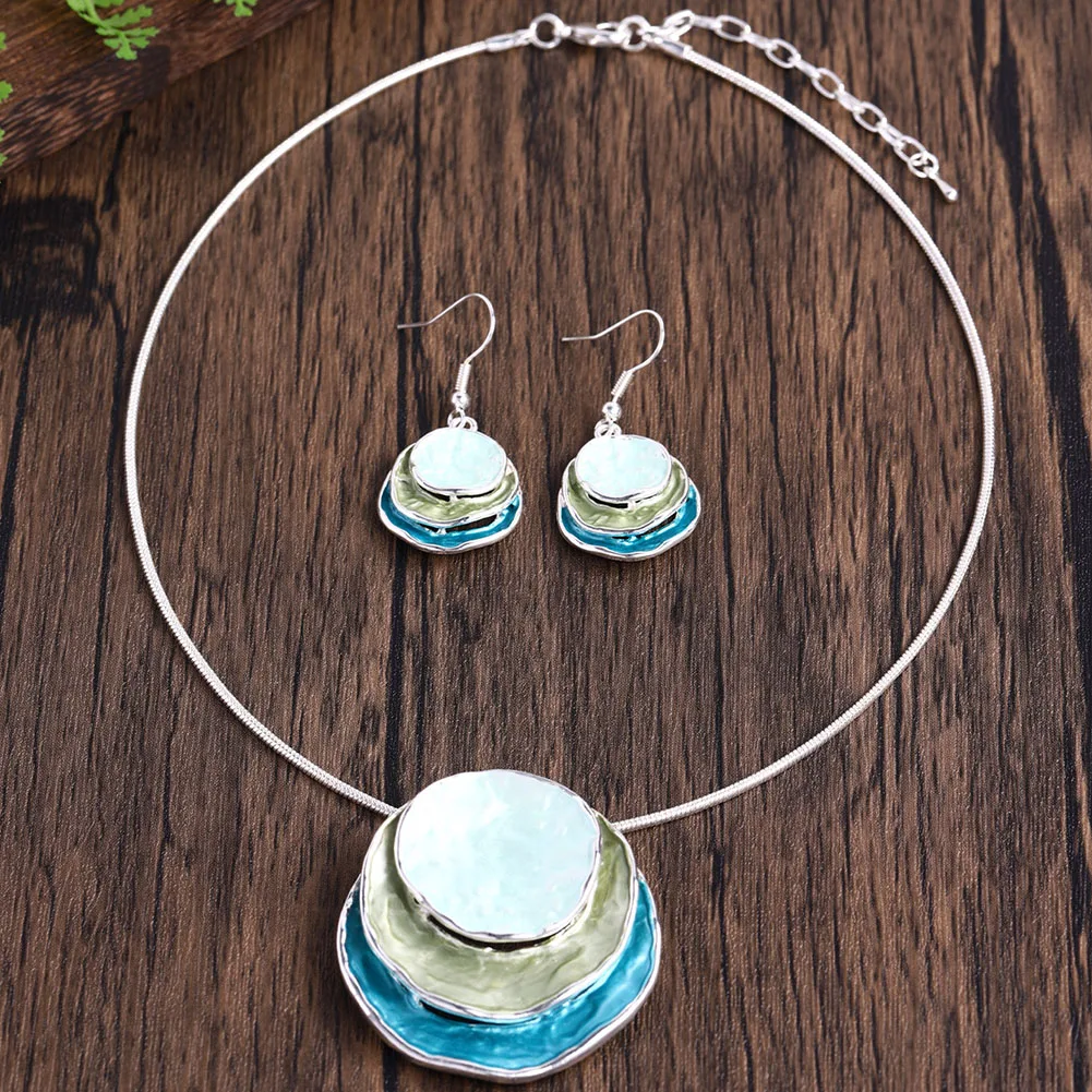 Cring Coco Vintage Lake blue Enamel Necklaces Set Elegant 2024 Women\'s Geometric Jewelry Sets Necklace for Women Grandmother