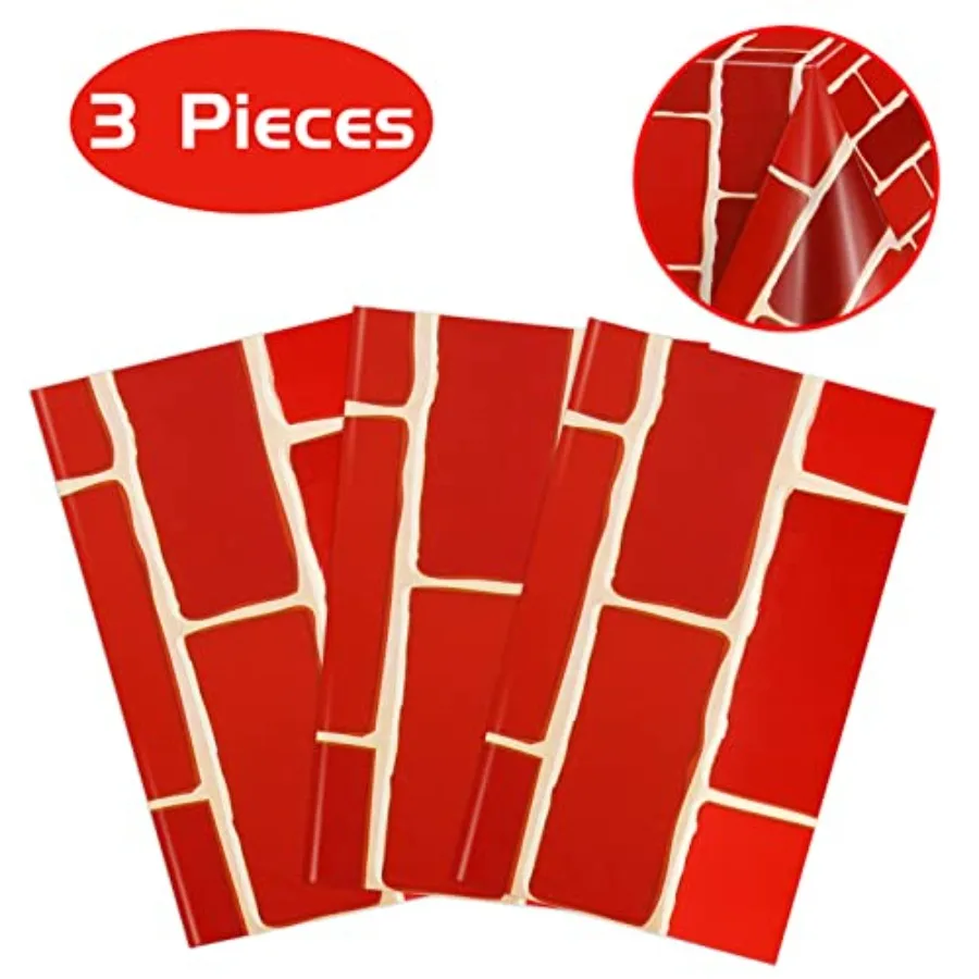 3pcs 4.26 x 9 feet Red Brick Tablecloth Stone Wall Backdrop for Party Decorations Plastic Rectangular Table Cove Realistic Phot