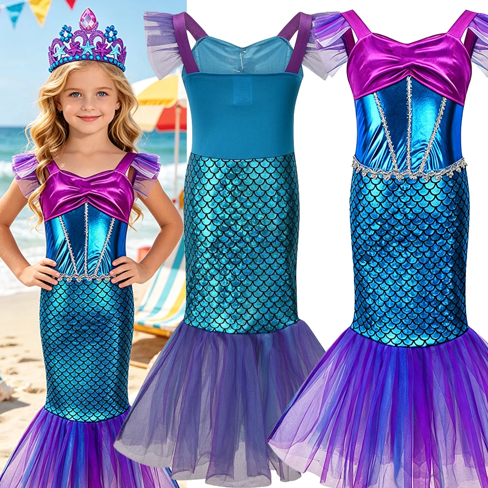 Summer Mermaid Birthday Party Dress With Crown Necklace Complete Accessories Set For Girls Carnival Cosplay