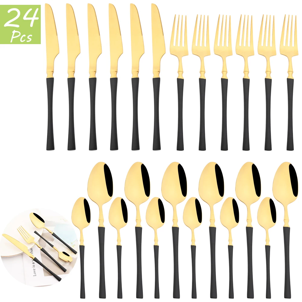 

16/24Pcs Black Gold Cutlery Set Knife Fork Teaspoon Dinnerware Tableware Stainless Steel Flatware Set Western Kitchen Silverware