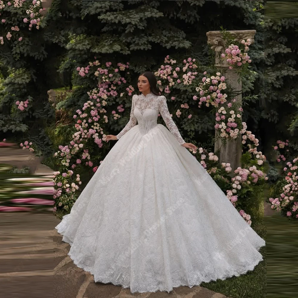

High Neck A-Line Women Wedding Dresses Elegant Lace Embridery Bridal Gowns Mopping Length Princess Vestidos De Novias Customized