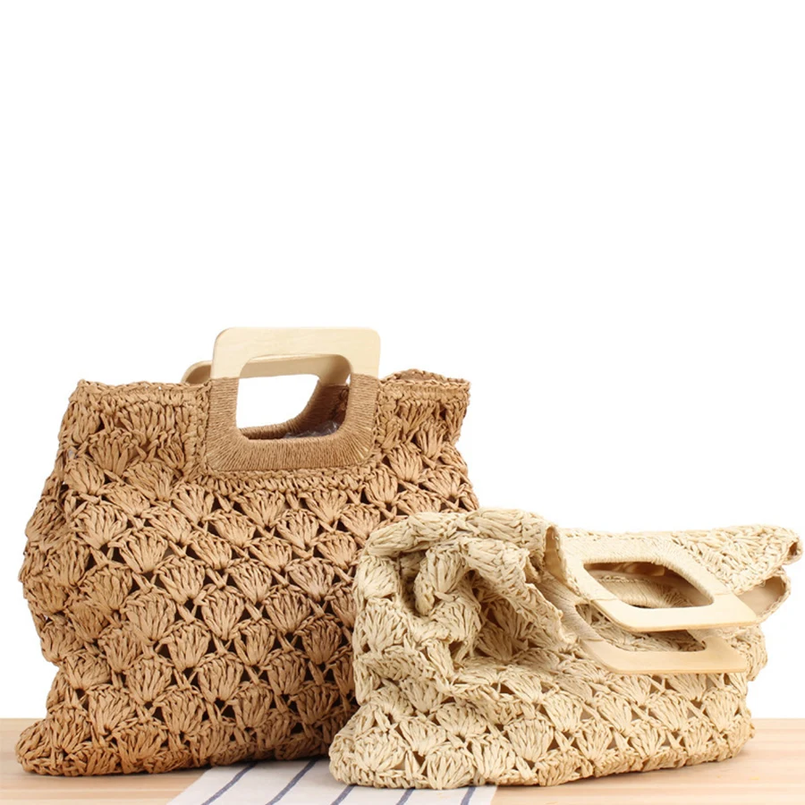 Retro hand-woven straw bag, large-capacity wooden handle hollowed-out paper rope top-handle bags, summer beach vacation handbags