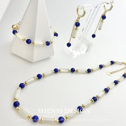 Natural Shell Lapis Lazuli Necklace Bracelet Earring Set 14k Copper Gold-Plated