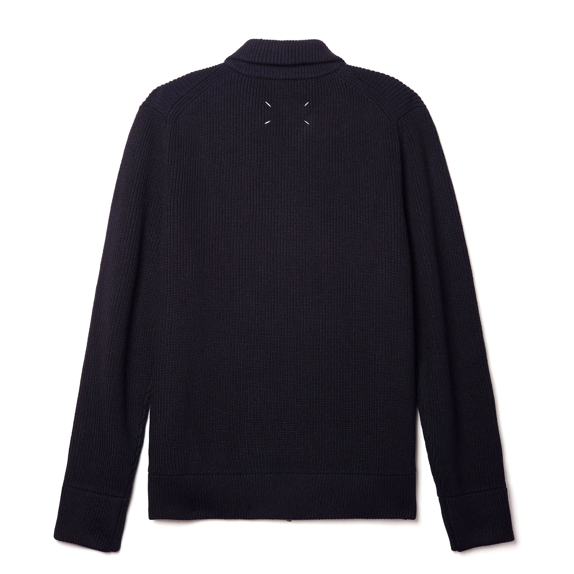 Four Cornered Navy Blue and Dark Green High Neck Stand Up Collar Wool Zipper Knitted Cardigan Sweater Jacket for Men