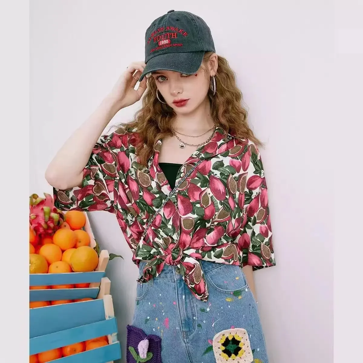 Tropical Fruit Full Print Beach Shirts Oversized Shirts Women New Short Sleeve Button Up Shirts Cause Cuba Shirt Summer 2024