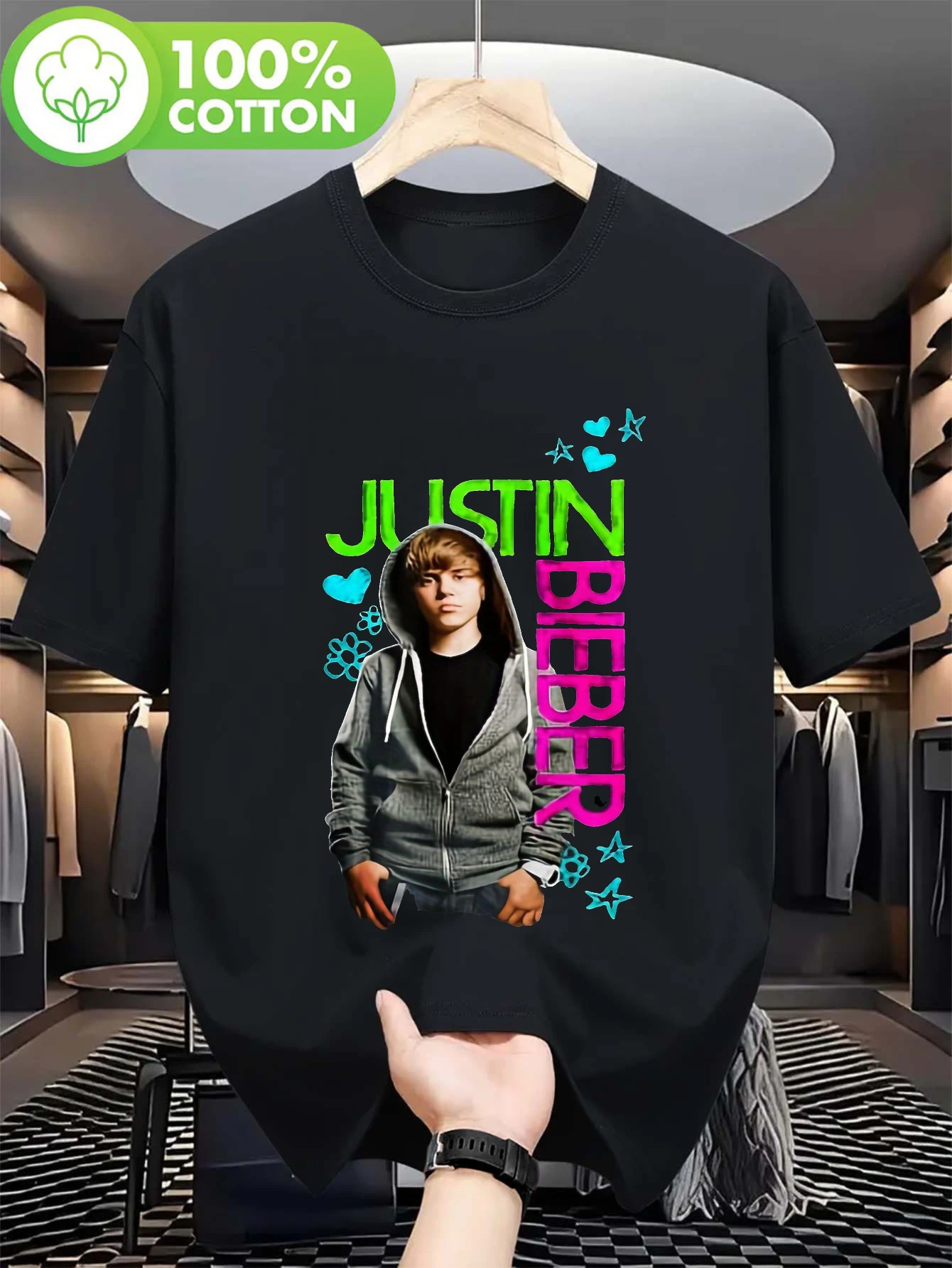 Camiseta gráfica para hombre - Retrato en verde neón y rosa con transferencia térmica - Camiseta suave y transpirable - Mercancía oficial para fans de JB - Camiseta lavable a máquina para conciertos y uso diario - Regalo de cumpleaños para Bieber - Top informal estilo streetwear, ropa para fanáticos de la música