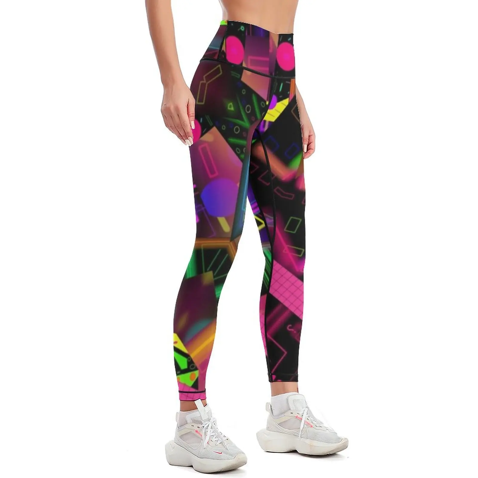 Vibrant Neon Vortex abstract 80's design collage mix mash Leggings sport pants Fitness woman Womens Leggings