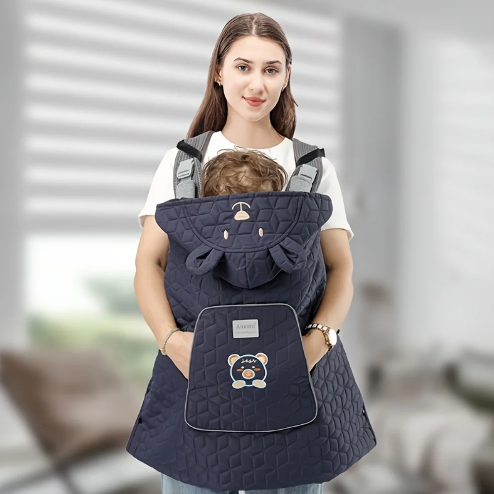 エルゴベビーキャリア、かわいいクマの防風カバー付き、フード付き人間工学に基づいた幼児用バックパック、寒い季節用の暖かいキルティングベビースリング