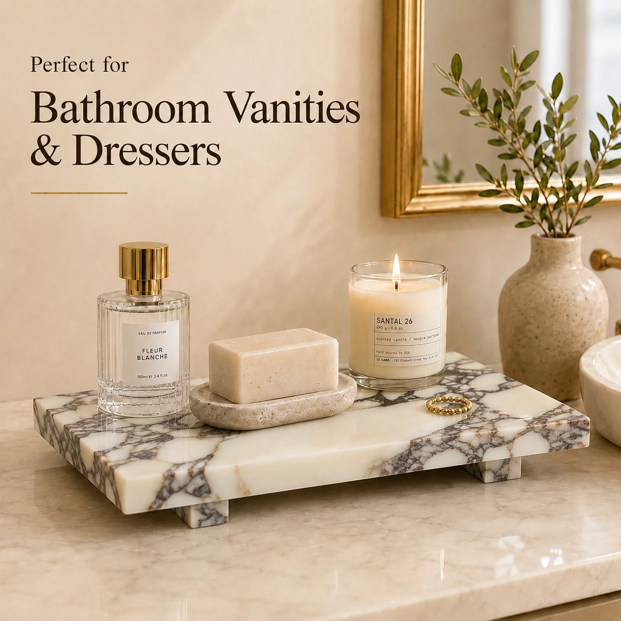 Natural Marble Pedestal Stand, Rectangular Stone Display Tray, Bathroom Vanity Organizer for Perfume Candle Jewelry Decor