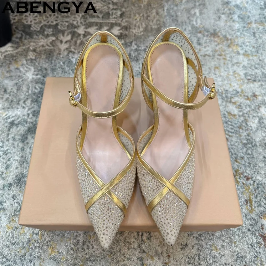 

Summer Mesh High Heels Women Pumps Crystal Decor Party Shoes For Woman Point Toe Slingbacks Stiletto Rhinestone Sandalias Mujer