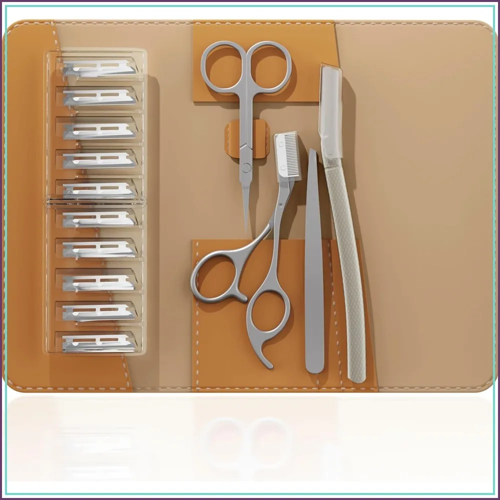 

4 in 1 Eyebrow Kit with Tweezers, Scissors, Razor, and Leather Travel Case for Women